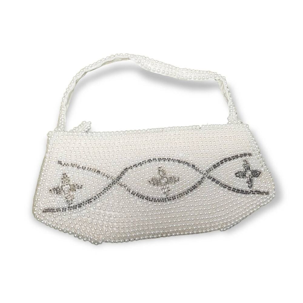 Vintage White Pearl Fully Beaded Zip Closure Evening Clutch / Purse Wedding